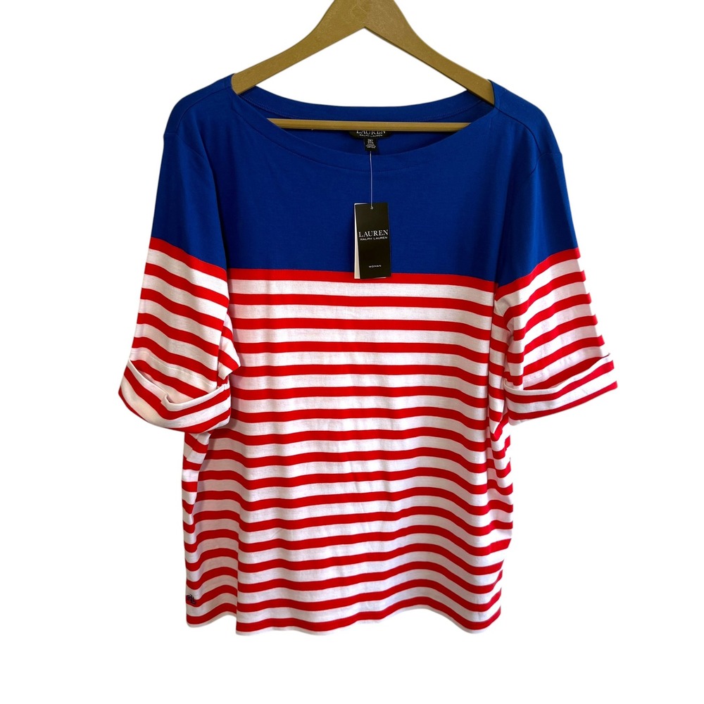 NEW Lauren Ralph Lauren Size 3X Blue Red White Colorblock Striped Shirt Nautical
